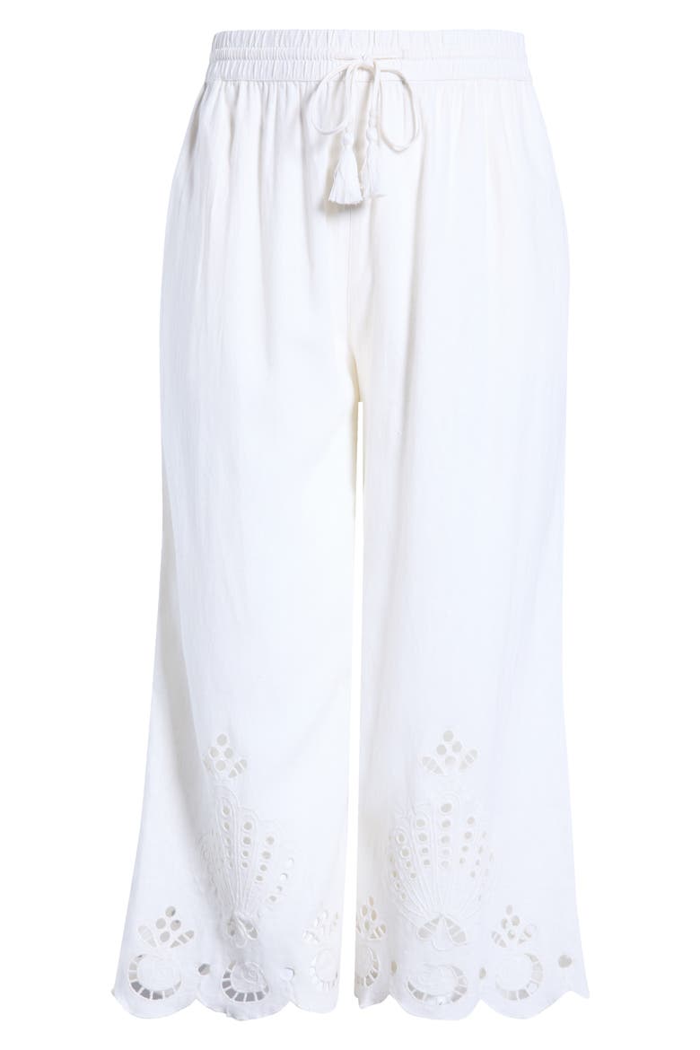 Cutwork Hem Linen Blend Pants, Alternate, color, IVORY EGRET
