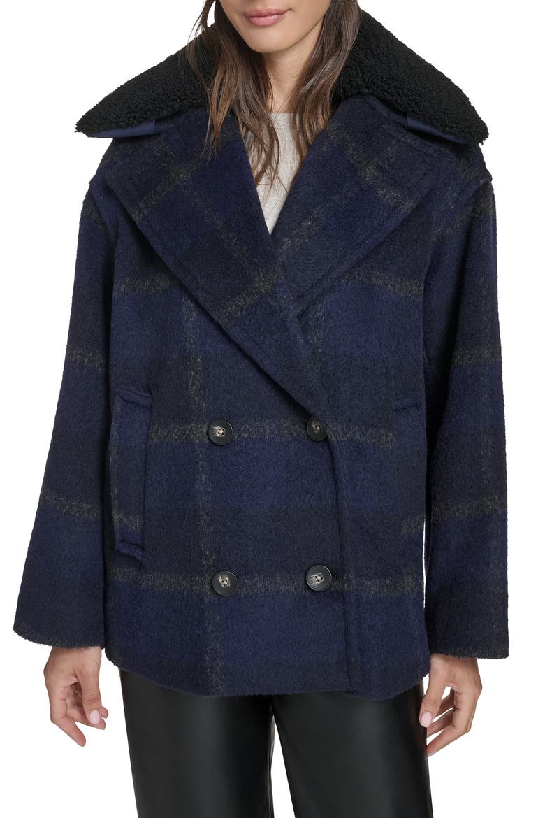 Plaid Short Peacoat with Removable Faux Shearling Collar, Main, color, NAVY PLAID