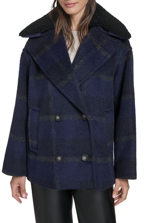 Plaid Short Peacoat with Removable Faux Shearling Collar
