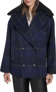 Levi's Plaid Short Peacoat with Removable Faux Shearling Collar