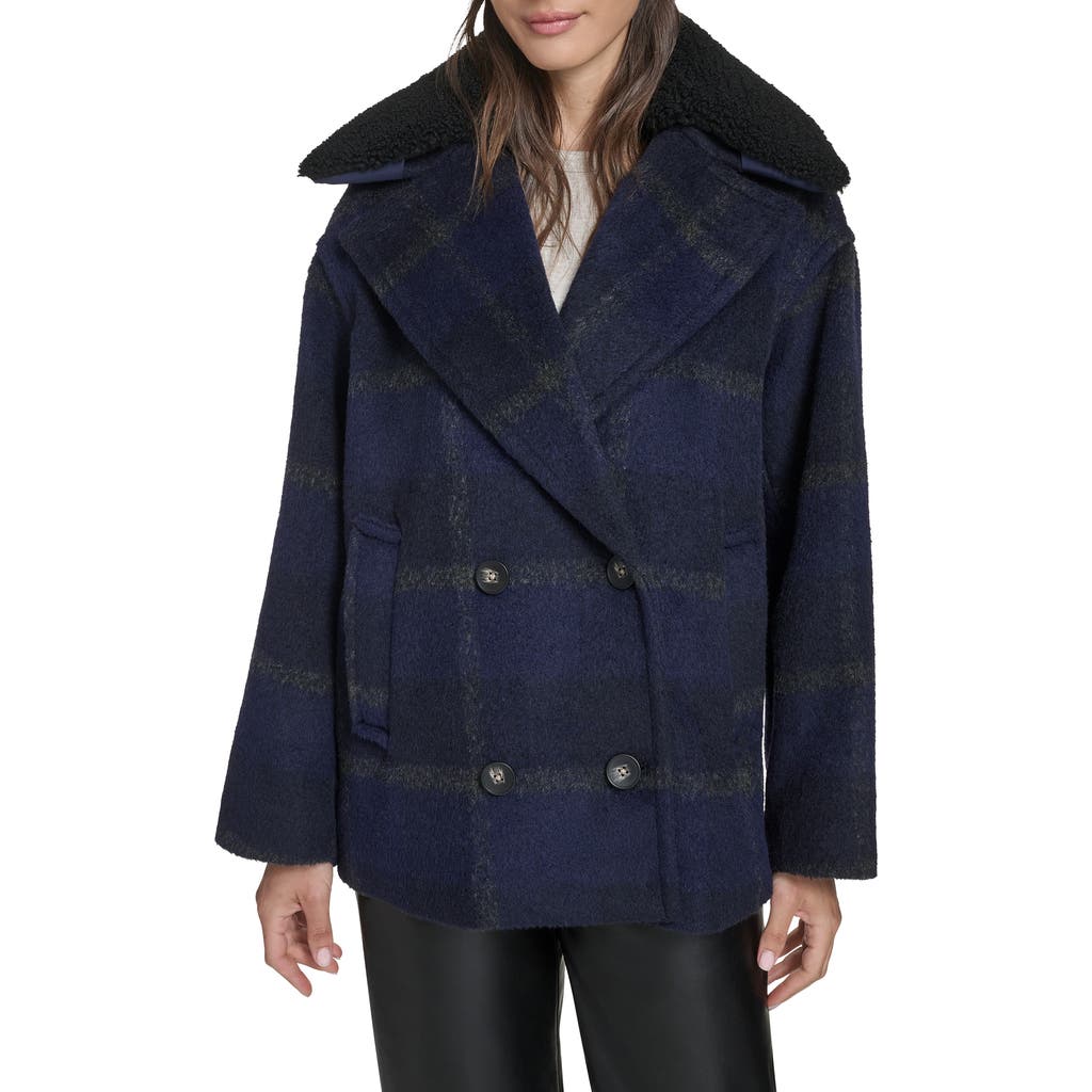 Levi's Plaid Short Peacoat With Removable Faux Shearling Collar In Blue