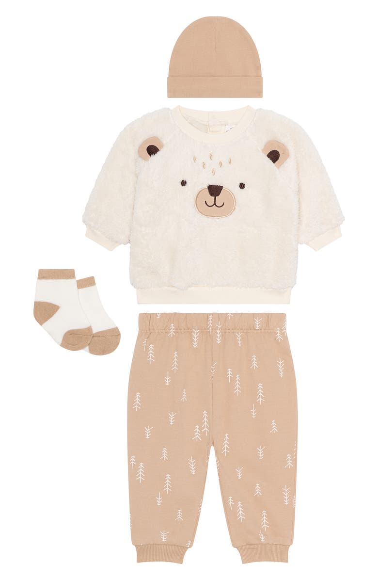 PL Baby by Petit Lem Kids' Faux Shearling Top & Joggers, Hat & Socks Set, Main, color, Bear