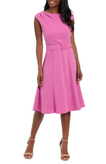 London Times Pleated Boat Neck Fit & Flare Dress In Pink