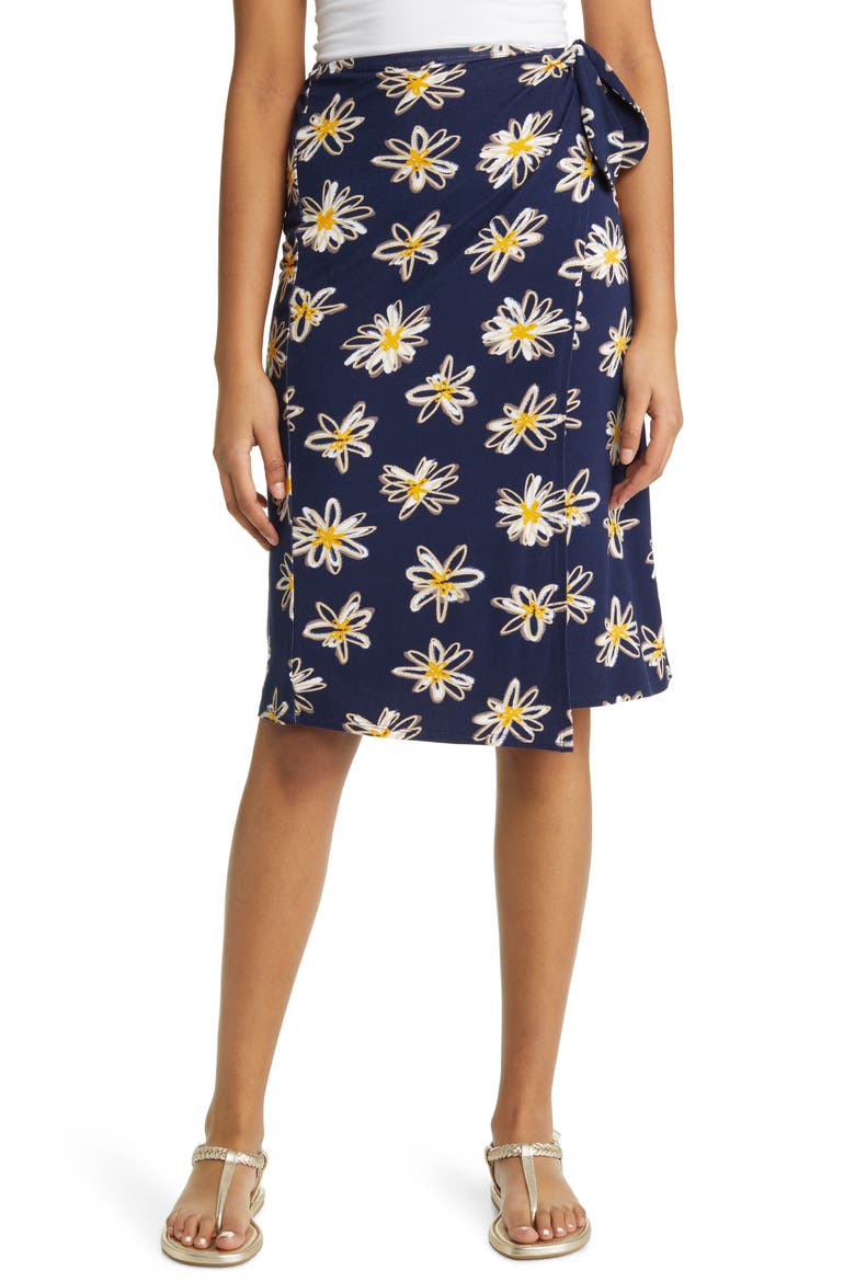 Floral Faux Wrap Knit Midi Skirt, Main, color, NAVY