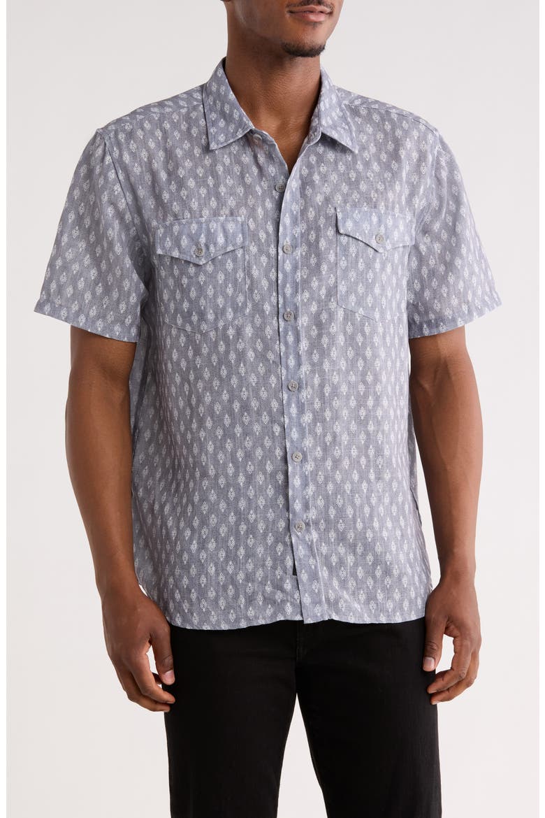 Geometric Print Short Sleeve Button-Up Shirt, Main, color, GREY