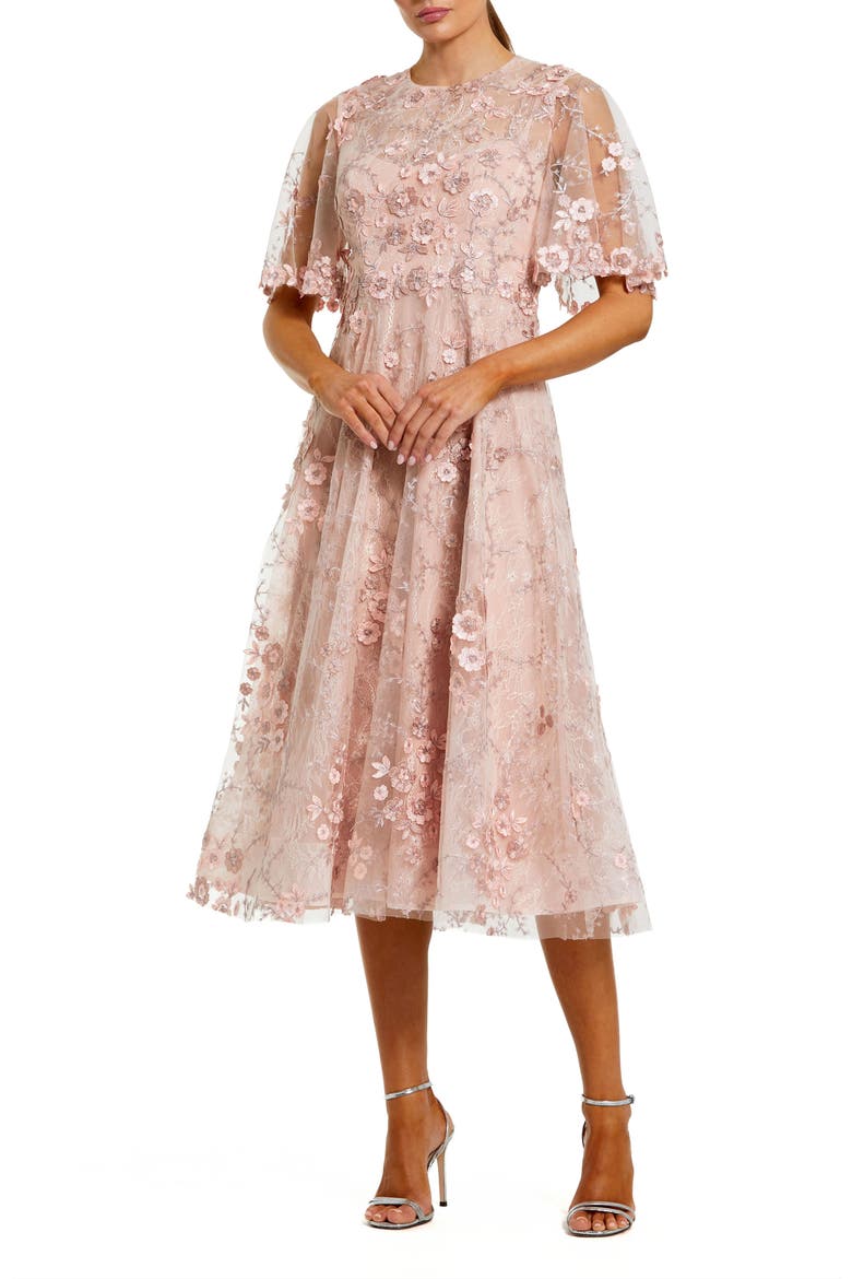 Flutter Sleeve Embroidered Cocktail Midi Dress, Main, color, Blush