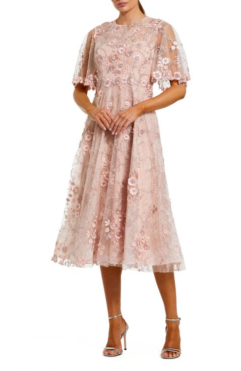 Flutter Sleeve Embroidered Cocktail Midi Dress