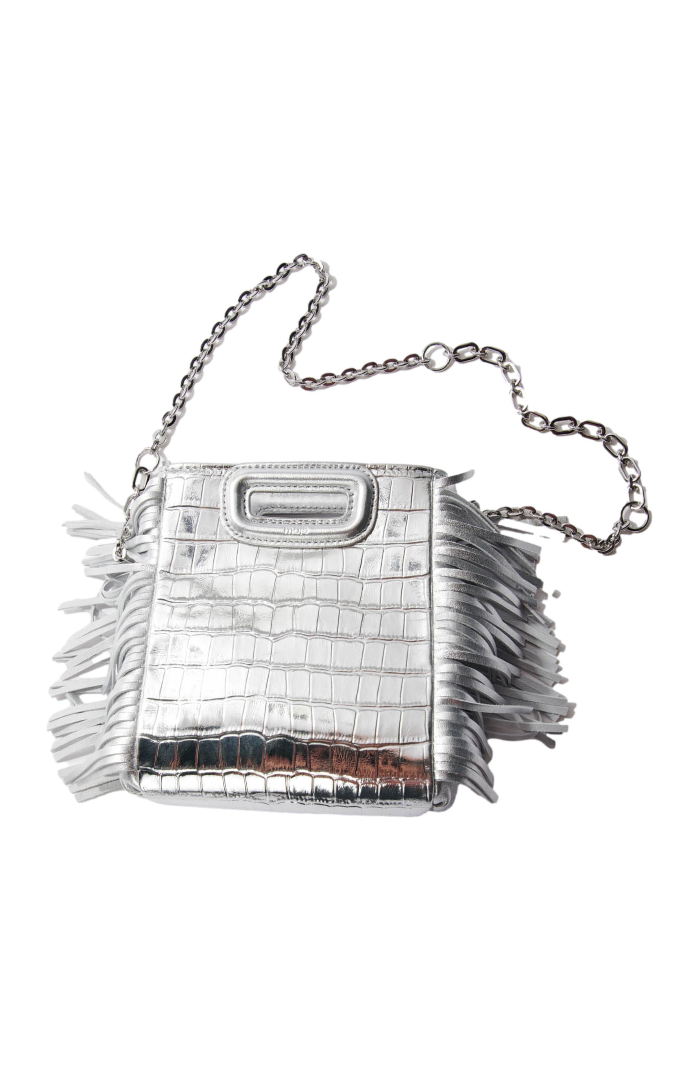 maje Mini embossed-leather M bag with chain, Alternate, color, Silver