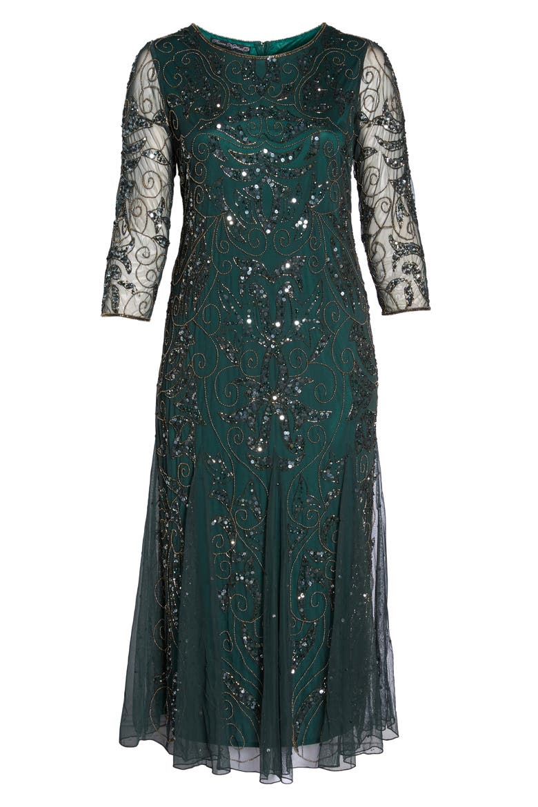 Embellished Three Quarter Sleeve Gown, Alternate, color, HUNTER
