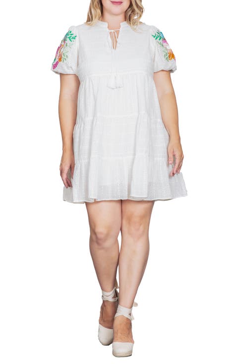 Embroidered Sleeve Cotton Eyelet Dress (Plus)