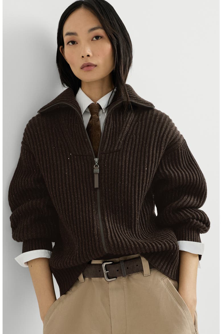 Sparkling & Dazzling cashmere and wool ribbed cardigan with shiny zipper pull, Alternate, color, Coffee