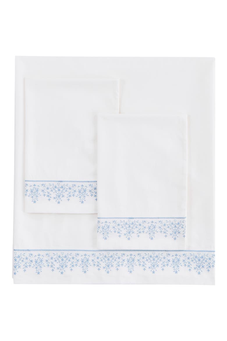 Percale Cotton Baby's Breath Embroidery Sheet Set - Queen, Main, color, WHITE/ BLUE