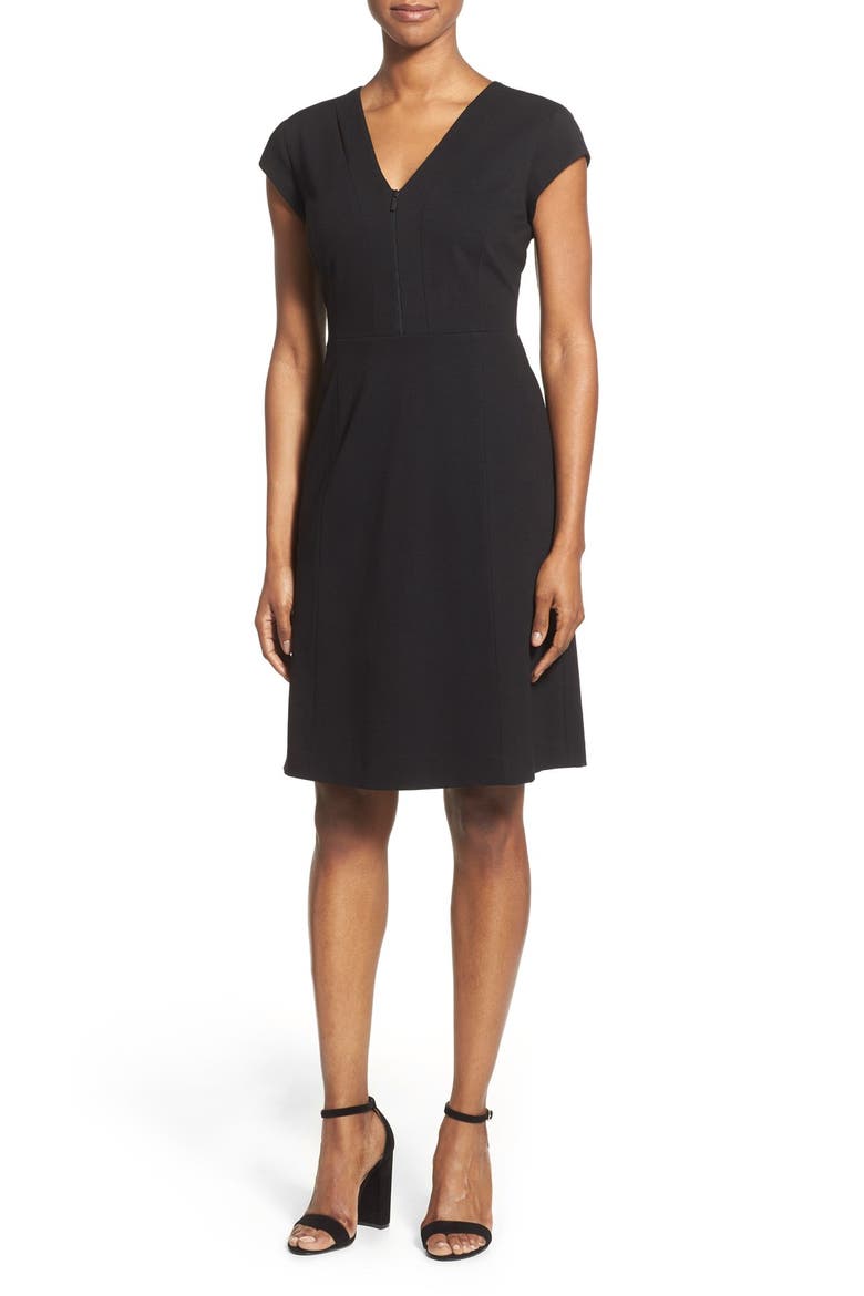 Front Zip Italian Ponte V-Neck Fit & Flare Dress, Main, color, BLACK