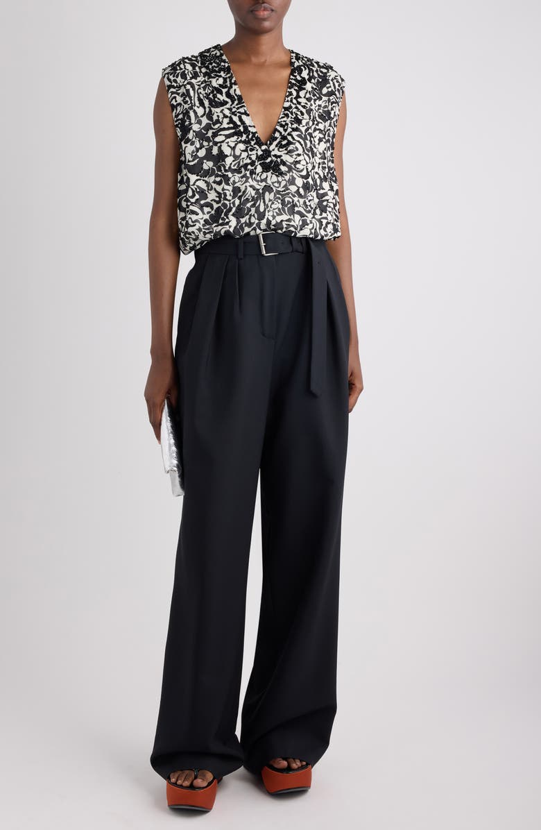 Dries Van Noten Peaches Belted Pleated Wide Leg Wool & Mohair Twill Trousers, Alternate, color, Black