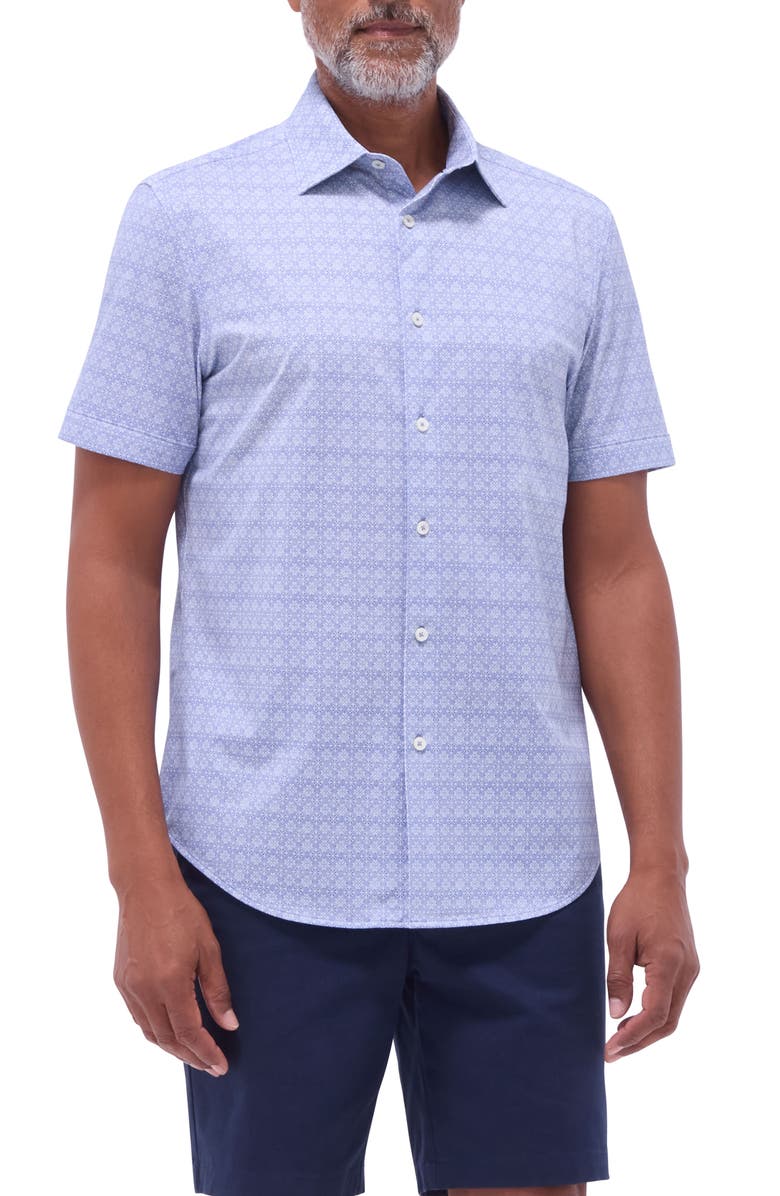 Bugatchi Miles OoohCotton<sup>®</sup> Mosaic Print Short Sleeve Button-Up Shirt, Main, color, Steel