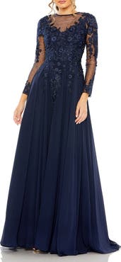 Mac Duggal Hand-Embellished Lace Gown with Jeweled Embroidery