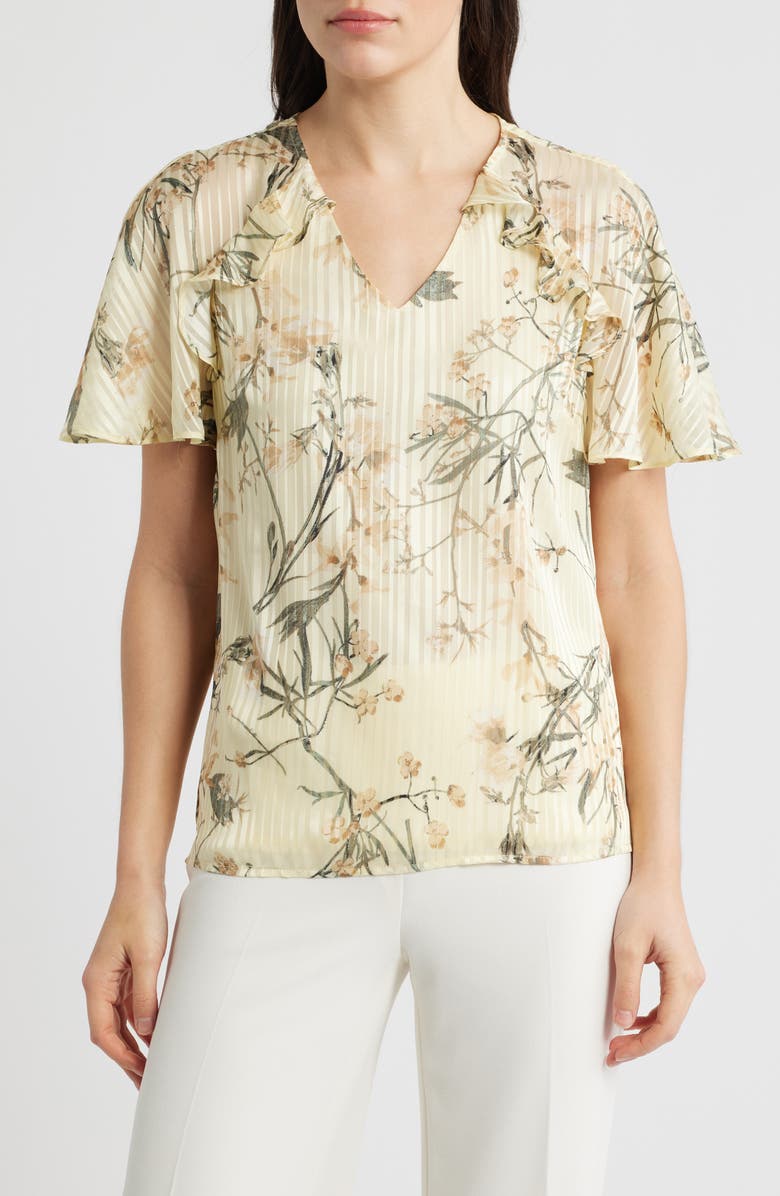 Anne Klein Floral Print Flutter Sleeve Chiffon Top, Main, color, Whisper Yellow Multi