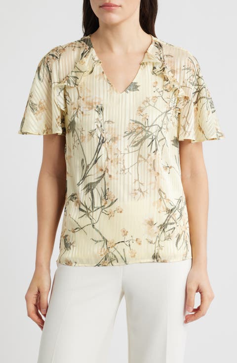 Floral Print Flutter Sleeve Chiffon Top