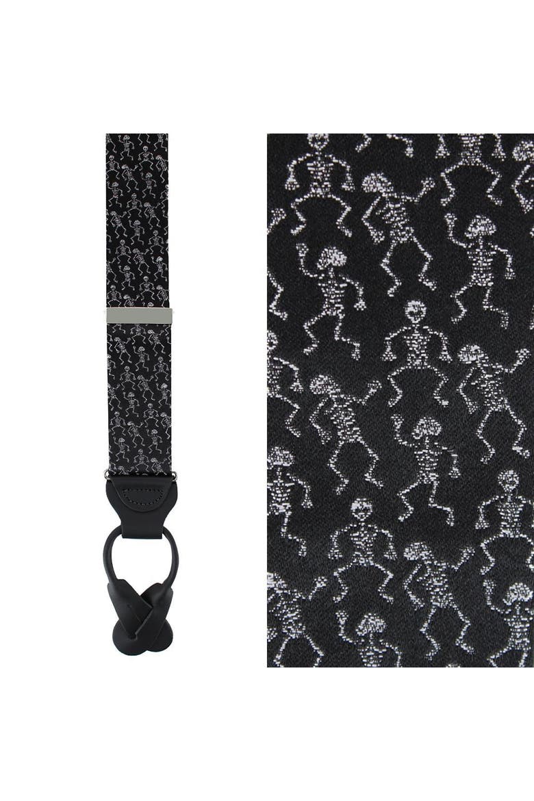 Big and Tall Davy Bones the Dancing Skeleton Silk Button End Suspenders, Main, color, Black