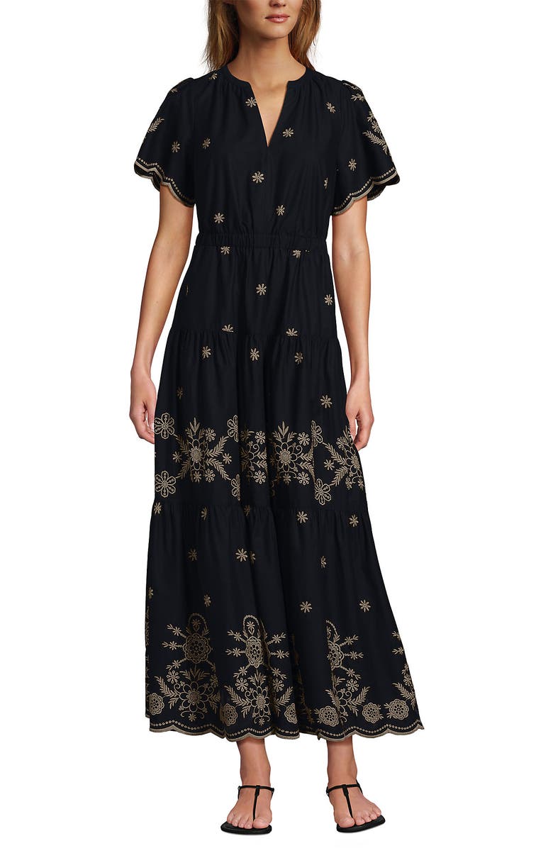 Lands' End Tiered Cotton Poplin Embroidered Maxi Dress, Alternate, color,