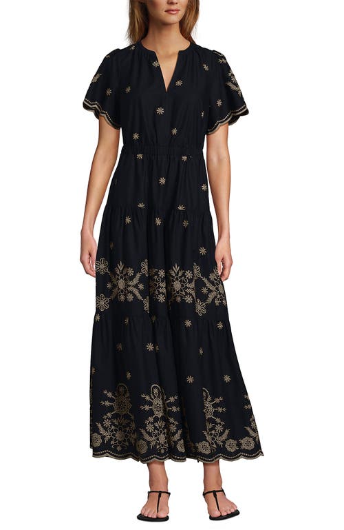 LANDS' END LANDS' END TIERED COTTON POPLIN EMBROIDERED MAXI DRESS