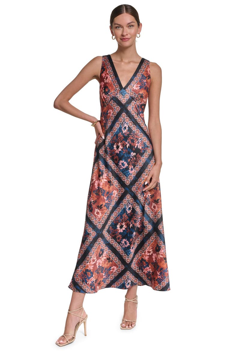 Sleeveless Scarf Print Satin V-neck Maxi Dress, Main, color, Navy Scarf Print