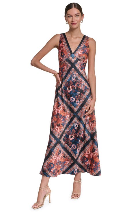 Sleeveless Scarf Print Satin V-neck Maxi Dress
