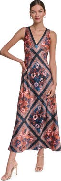 HALSTON Sleeveless Scarf Print Satin V-neck Maxi Dress