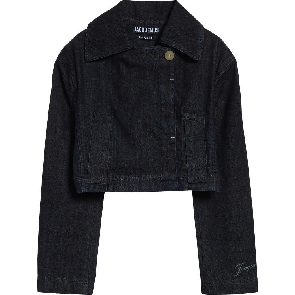 Shop Jacquemus La Veste De-nîmes Marino Crop Denim Jacket In Dark Navy