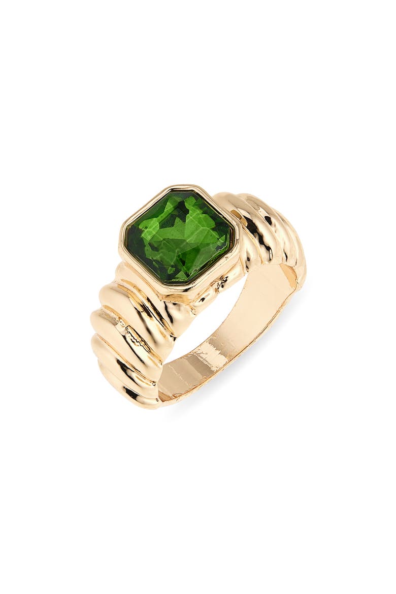 Crystal Ribbed Signet Ring, Main, color, GREEN- GOLD