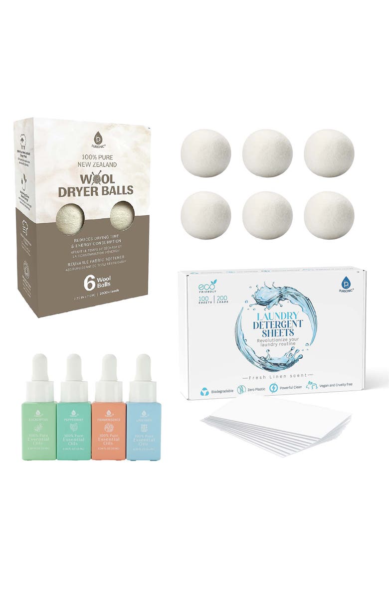 PURSONIC Eco Friendly Laundry & Wellness Bundle Detergent Sheets, Wool Dryer Balls, and Essential Oils, Main, color, Multicolor