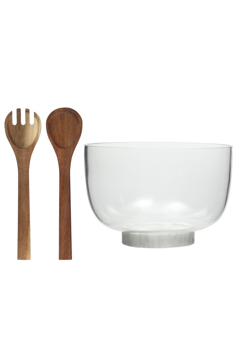 Wildgreens Glass Salad Bowl Set with Marble Base and Acacia Utensils, Alternate, color, clear