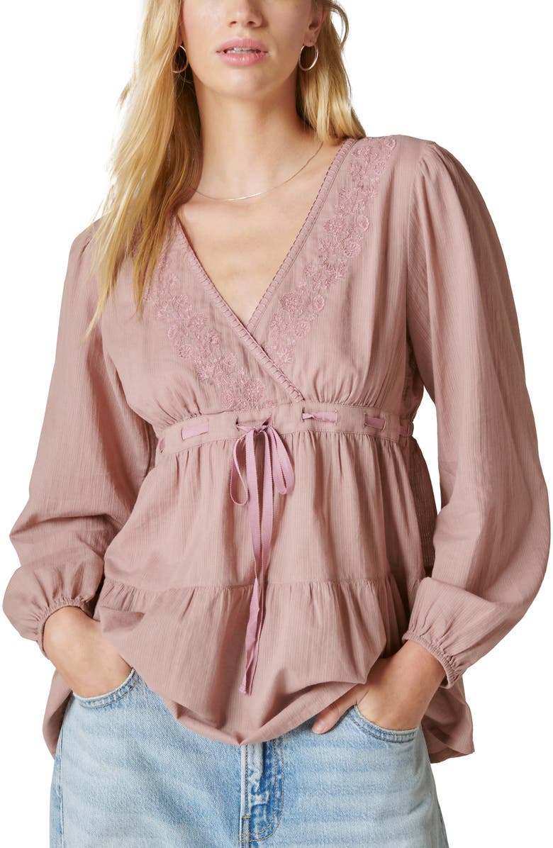 Lucky Brand Embroidered Long Sleeve Cotton Babydoll Top, Main, color,