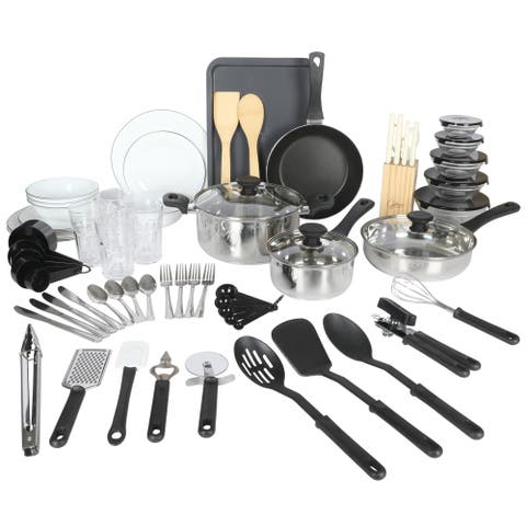 74-Piece Kitchen in a Box Set, Cookware, Dinnerware, Flatware & Tools