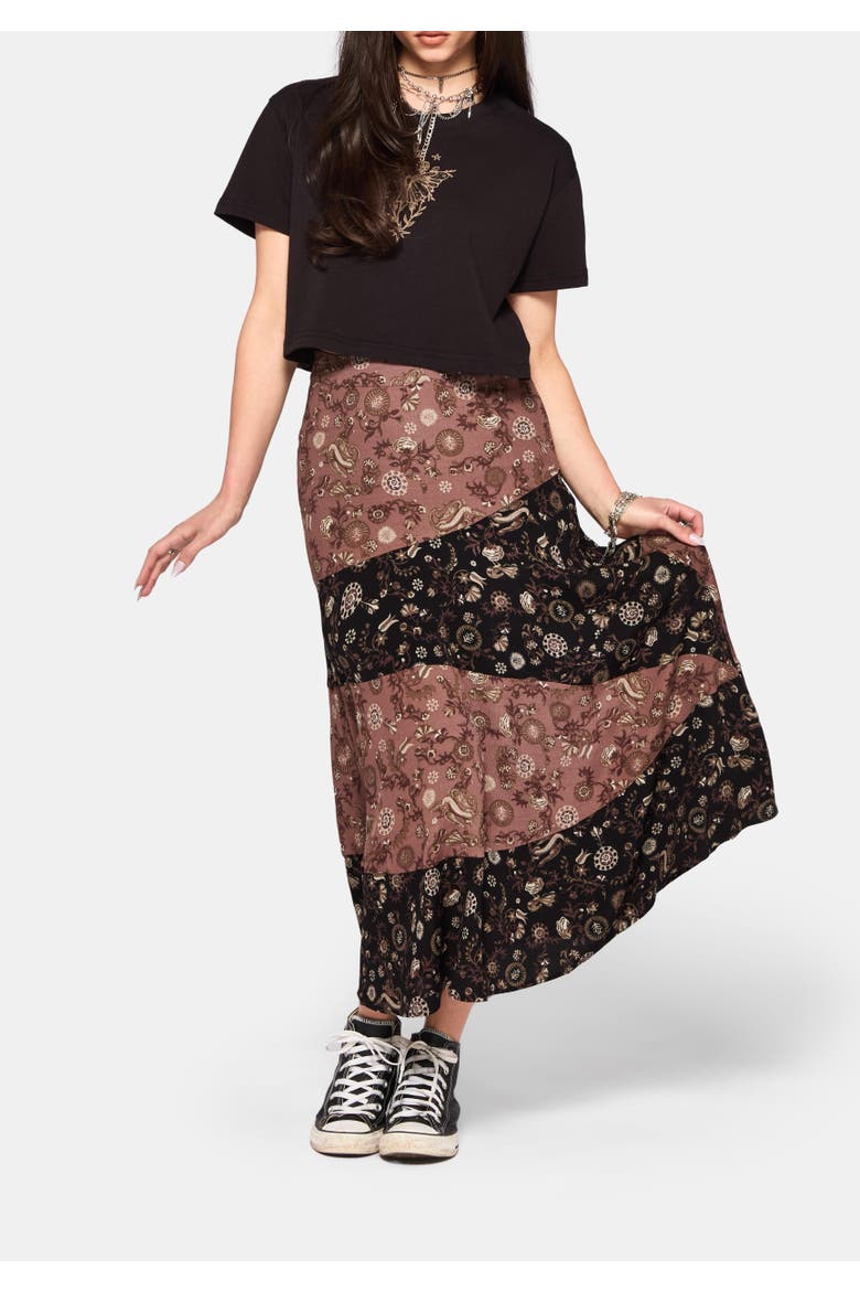 Sylra Ditsy Folk Spliced Midi Skirt, Alternate, color, Black