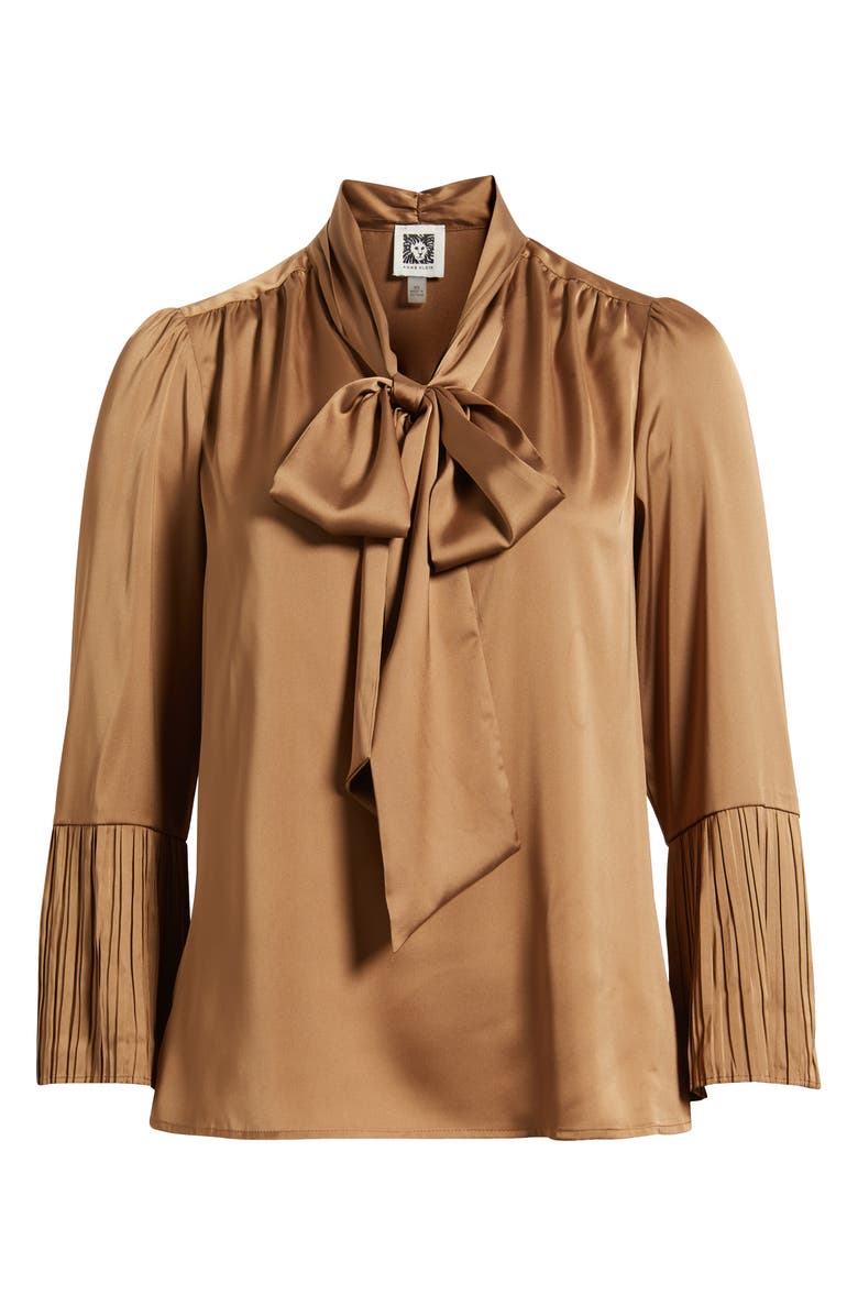 Anne Klein Pussybow Tie Satin Top, Alternate, color, Vicuna