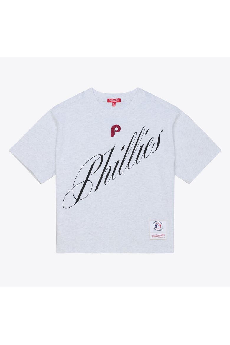Women's Mitchell & Ness  Heather Gray Philadelphia Phillies Script Cropped Boxy T-Shirt, Main, color, Heather Gray