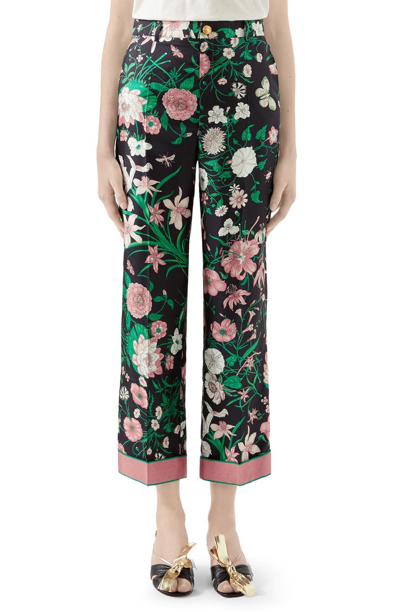 Gucci Flora Print Silk Twill Crop Pants, Main, color,