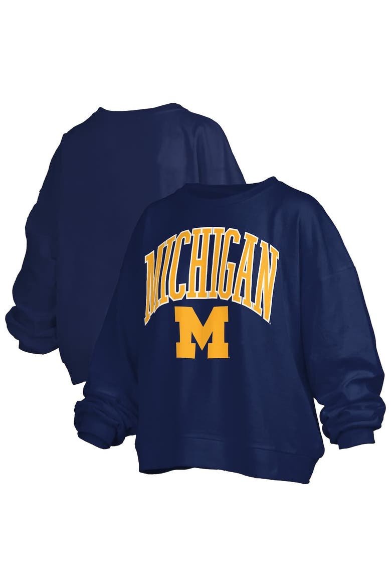 Women's Pressbox Navy Michigan Wolverines Janise Arch Over Logo Waist Length Oversized Pullover Sweatshirt, Main, color, Navy