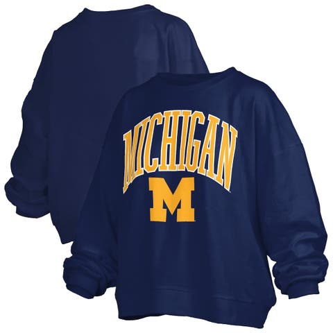 Women's Pressbox Navy Michigan Wolverines Janise Arch Over Logo Waist Length Oversized Pullover Sweatshirt