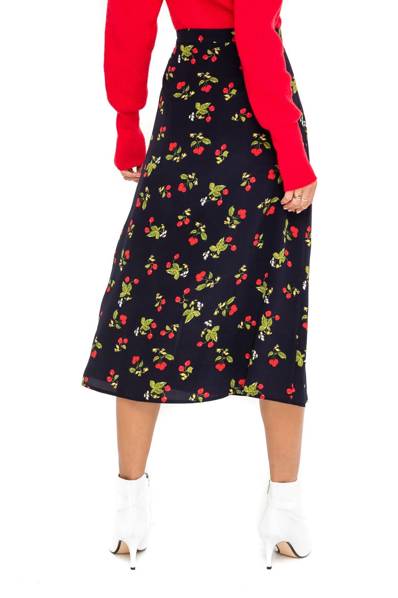 Cherry Pattern Button Side Slit Midi Skirt, Alternate, color, NAVY CHERRY PRINT