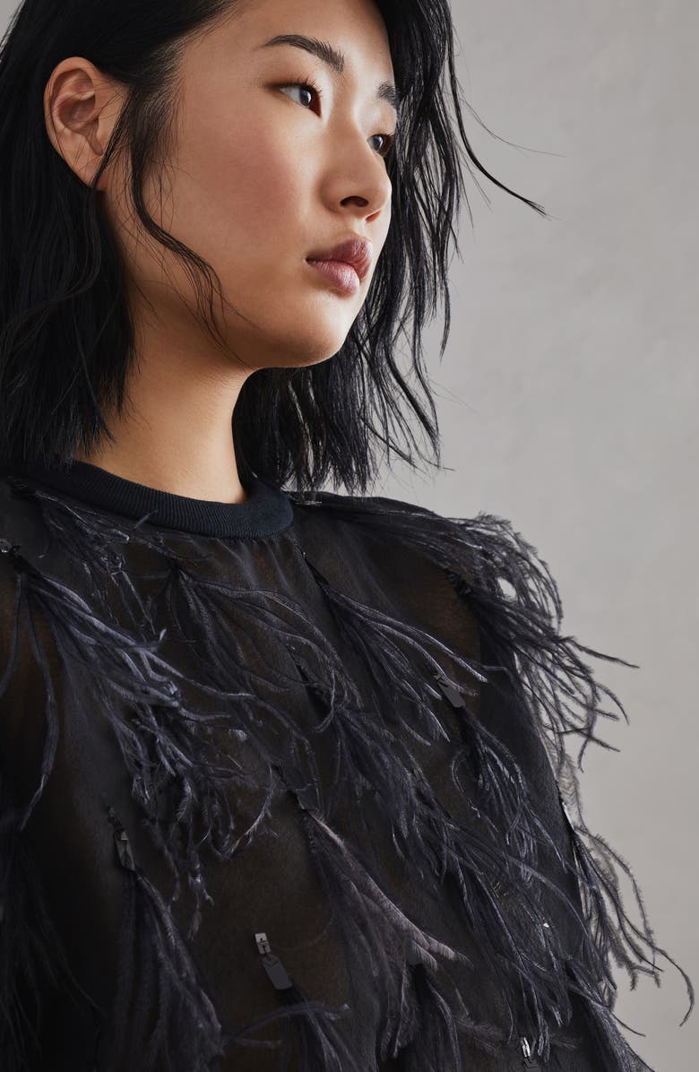 Brunello Cucinelli Crispy silk top with dazzling feather embroidery, Alternate, color, 