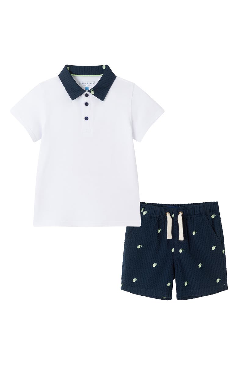 Andy & Evan Kids' Piqué Polo & Drawstring Seersucker Shorts Set, Main, color, White