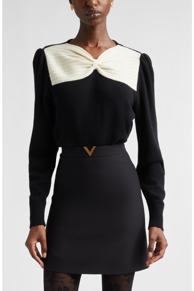 Bow Detail Virgin Wool Sweater, Main, color, BLACK/ IVORY