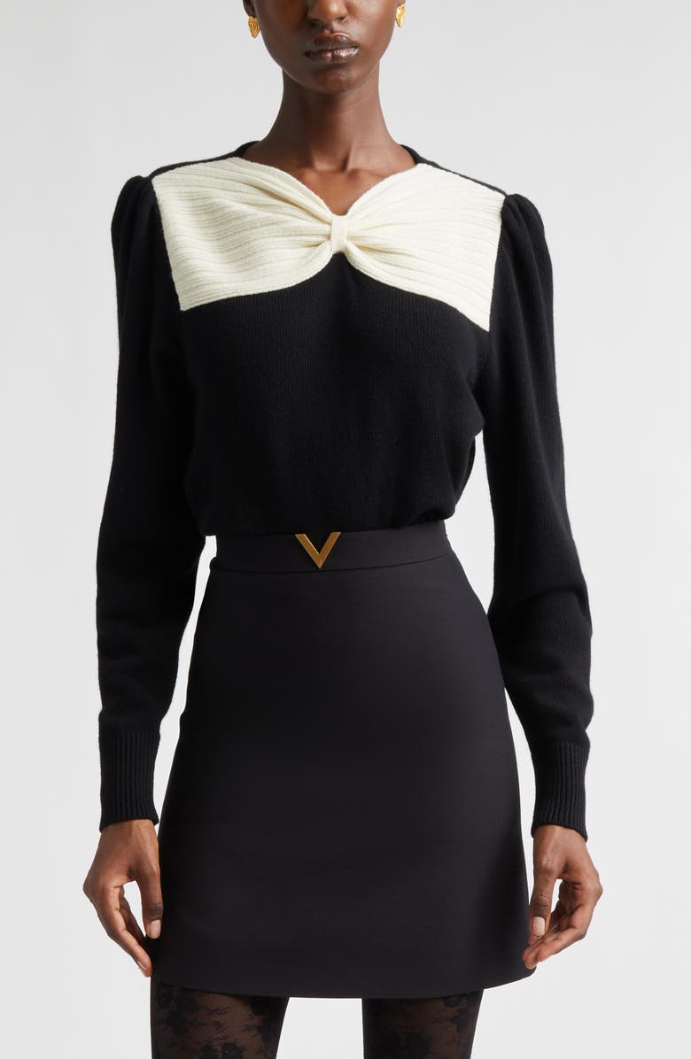 Valentino Bow Detail Virgin Wool Sweater, Main, color, Black/ Ivory