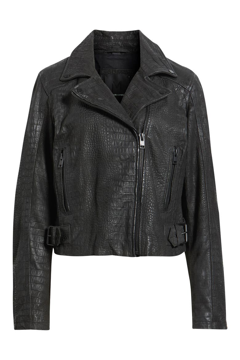 Dilah Croc Embossed Leather Biker Jacket, Alternate, color, BLACK