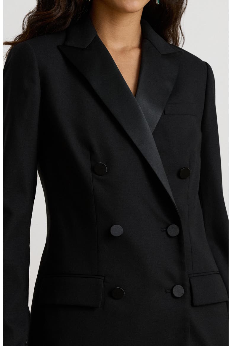 Satin-Trimmed Double Breasted Stretch Wool Blazer, Alternate, color, BLACK