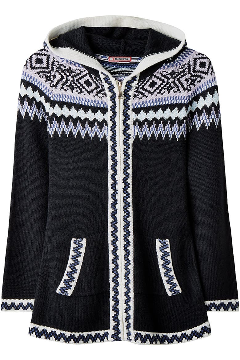 Fair Isle Drawstring V Neck Zip Hoodie, Main, color, BLACK FAIRISLE