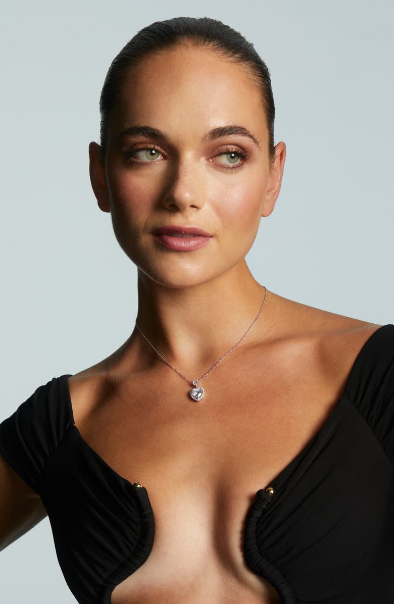 Nadri Le Bisou Halo Heart Pendant Necklace, Alternate, color, Rhodium