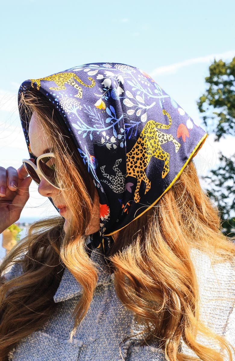 Jessie Zhao New York Silk Bandana of Amazon Rainforest Journey in Blue, Alternate, color, Blue